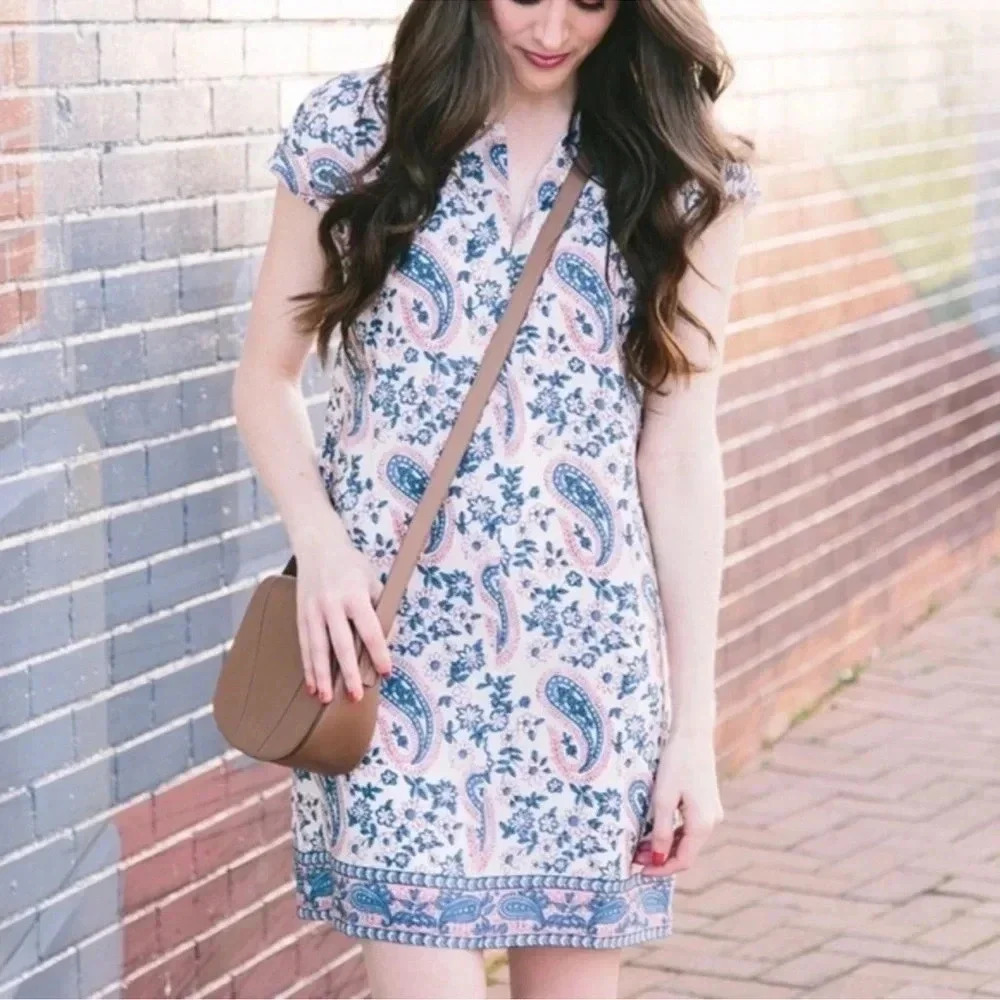 Madewell 100% Silk Floral Paisley Print Popover Dress Pink Blue Size XS